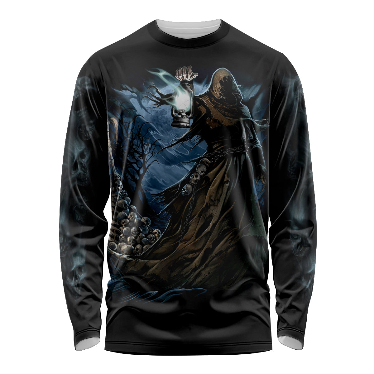 Grim Reaper Long Sleeve Shirt The Ferryman Of The Underworld with Charon Skull Black - Wonder Print Shop