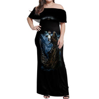 Black off-shoulder maxi dress with grim reaper skull print, short sleeves