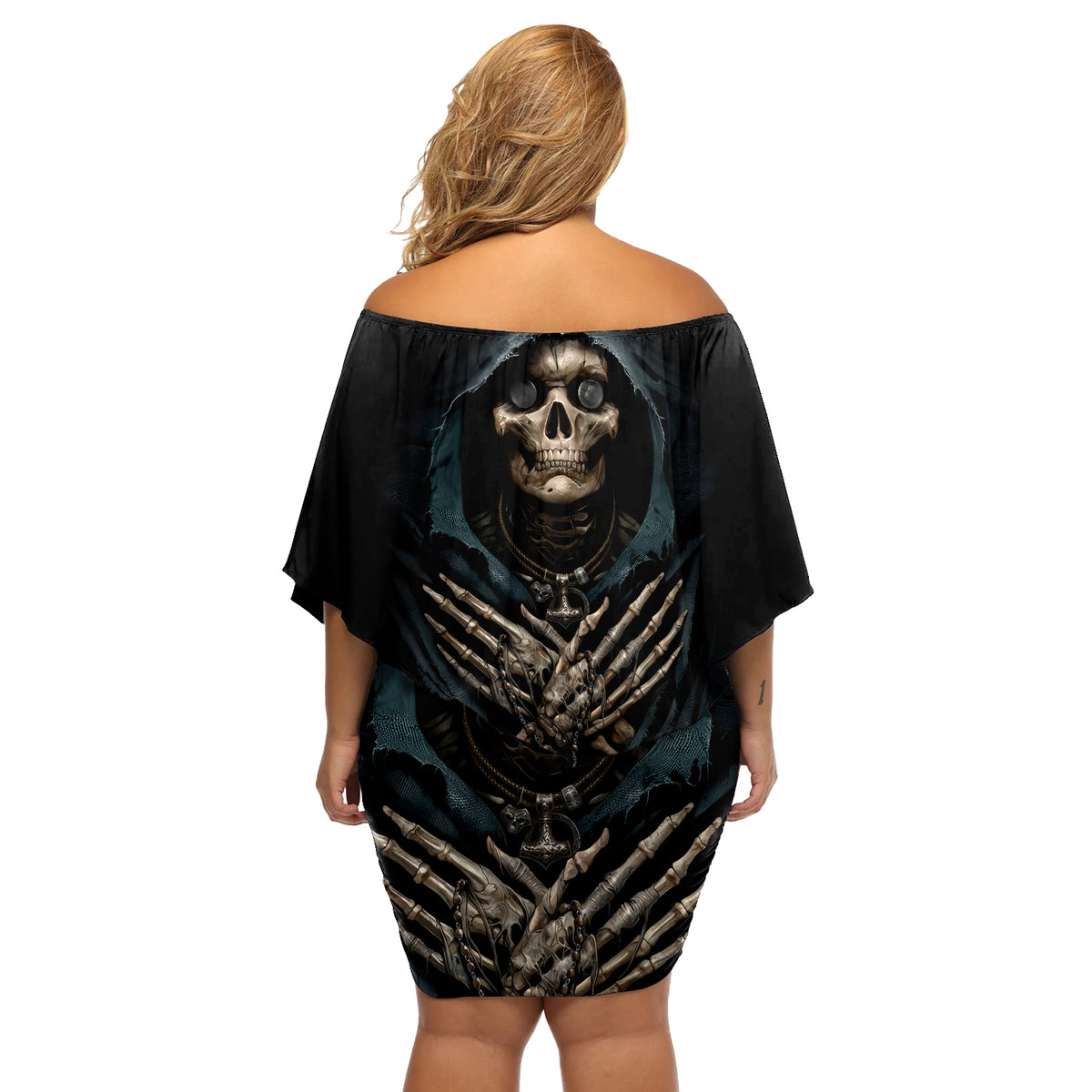 Back view: black off-shoulder short dress with skull medallion and ribcage print