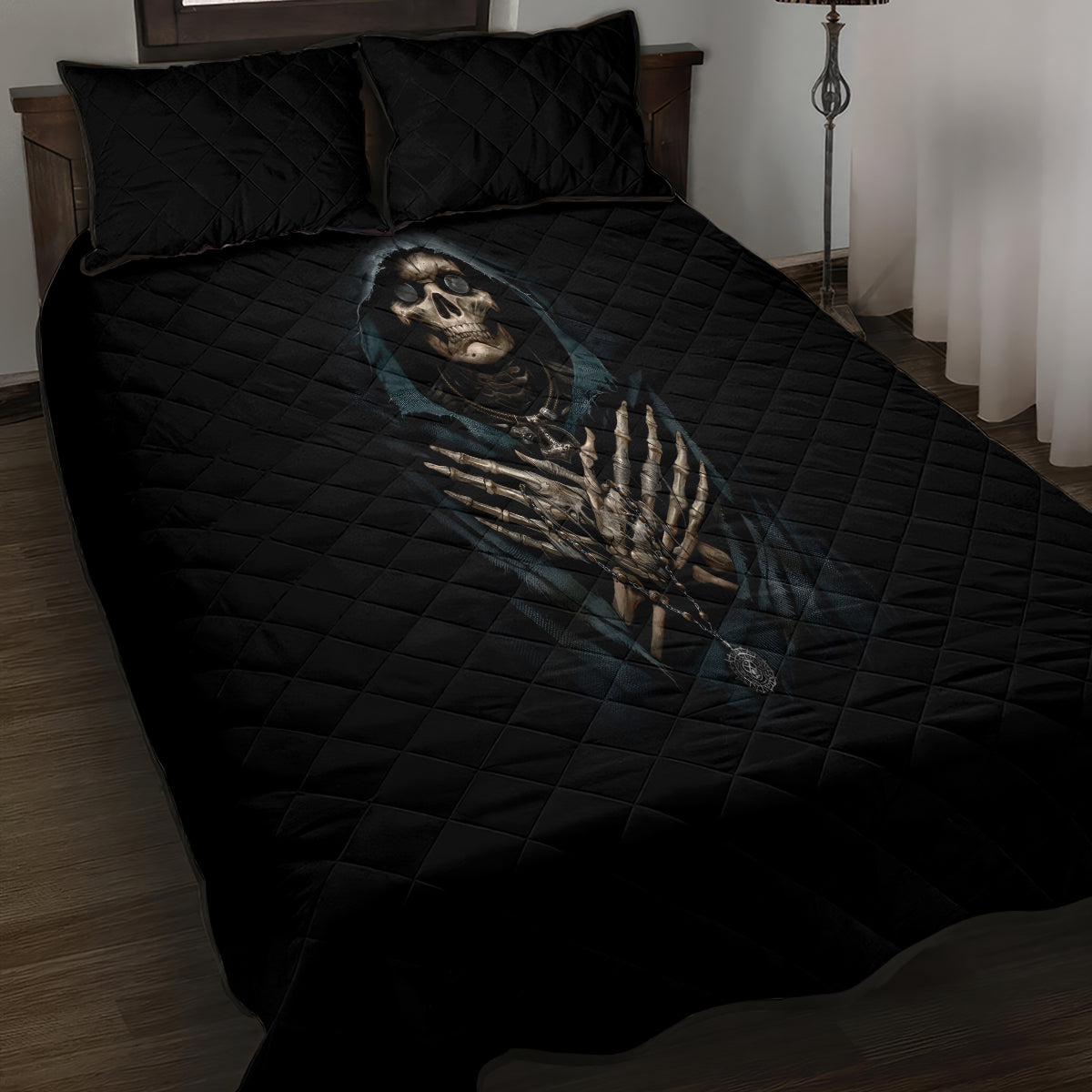 Grim Reaper Quilt Bed Set The Ferryman Of The Underworld with Charon Skull Black - Wonder Print Shop
