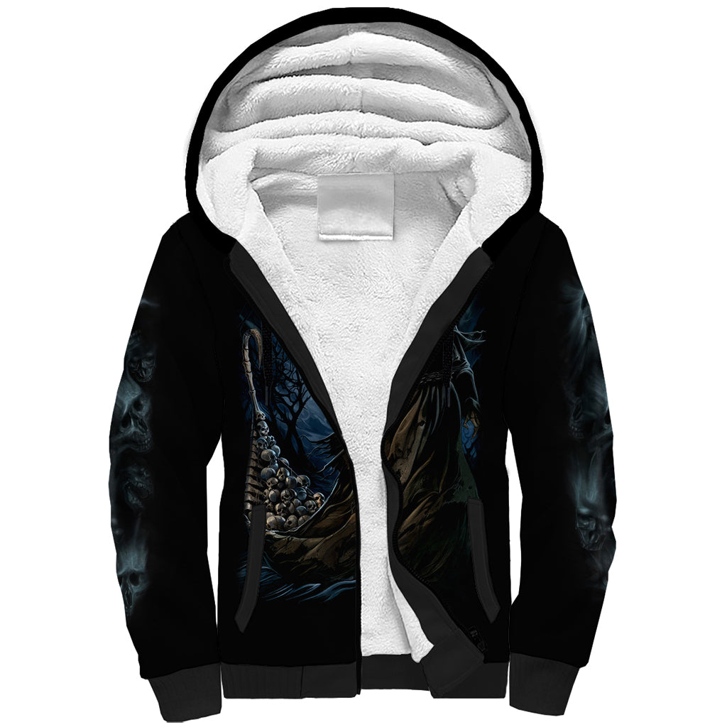 Grim Reaper Sherpa Hoodie The Ferryman Of The Underworld with Charon Skull Black - Wonder Print Shop