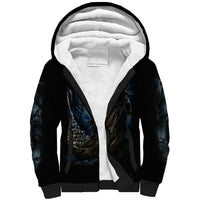 Unisex black sherpa hoodie with white sherpa-lined hood and front skull graphic
