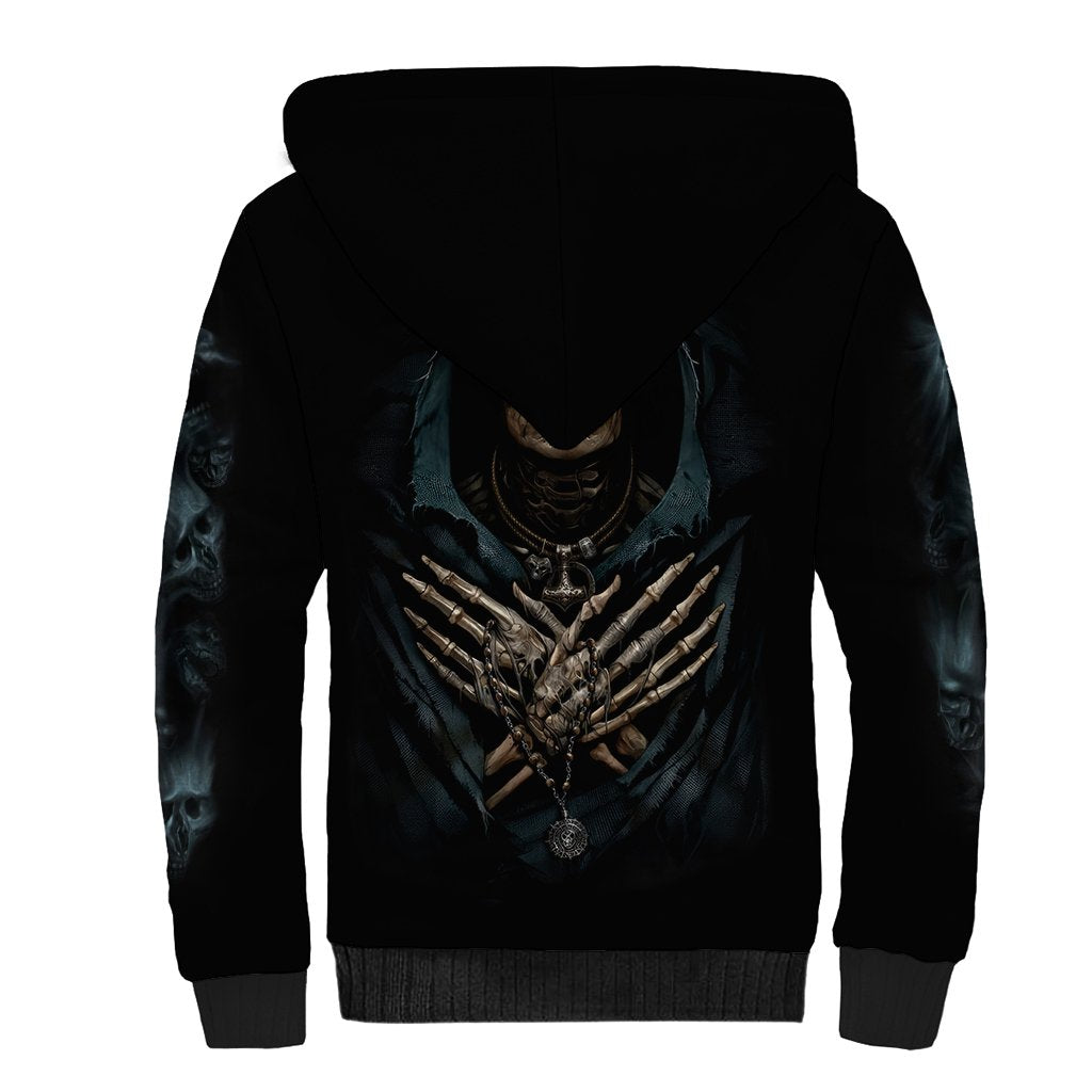Unisex black sherpa hoodie with white sherpa-lined hood and back winged skull art