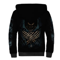 Unisex black sherpa hoodie with white sherpa-lined hood and back winged skull art
