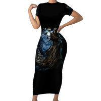 Black short-sleeve bodycon midi dress with skull graphic and blue swirls at hem