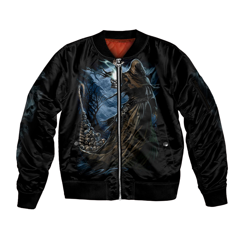 Grim Reaper Sleeve Zip Bomber Jacket The Ferryman Of The Underworld with Charon Skull Black - Wonder Print Shop