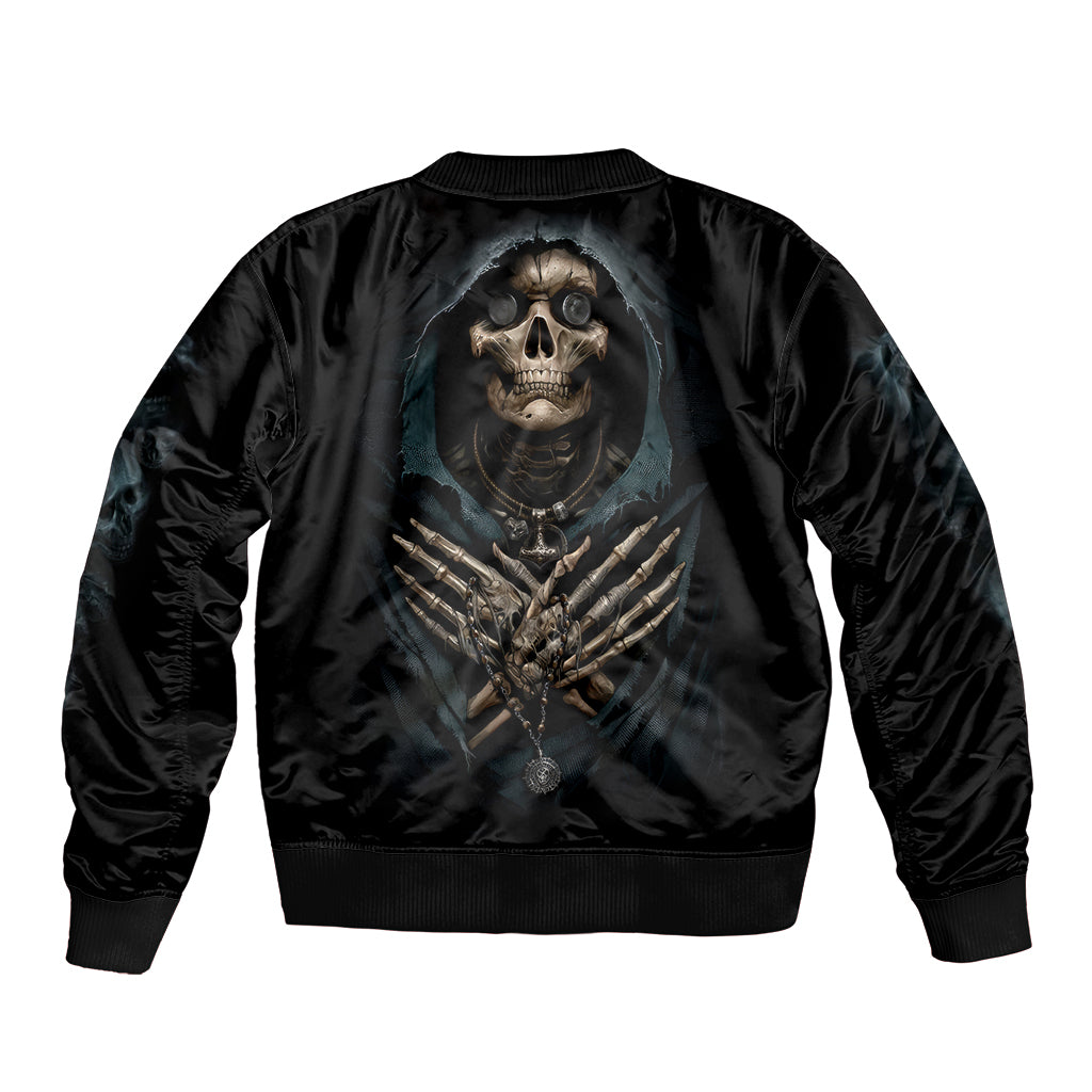 Grim Reaper Sleeve Zip Bomber Jacket The Ferryman Of The Underworld with Charon Skull Black - Wonder Print Shop