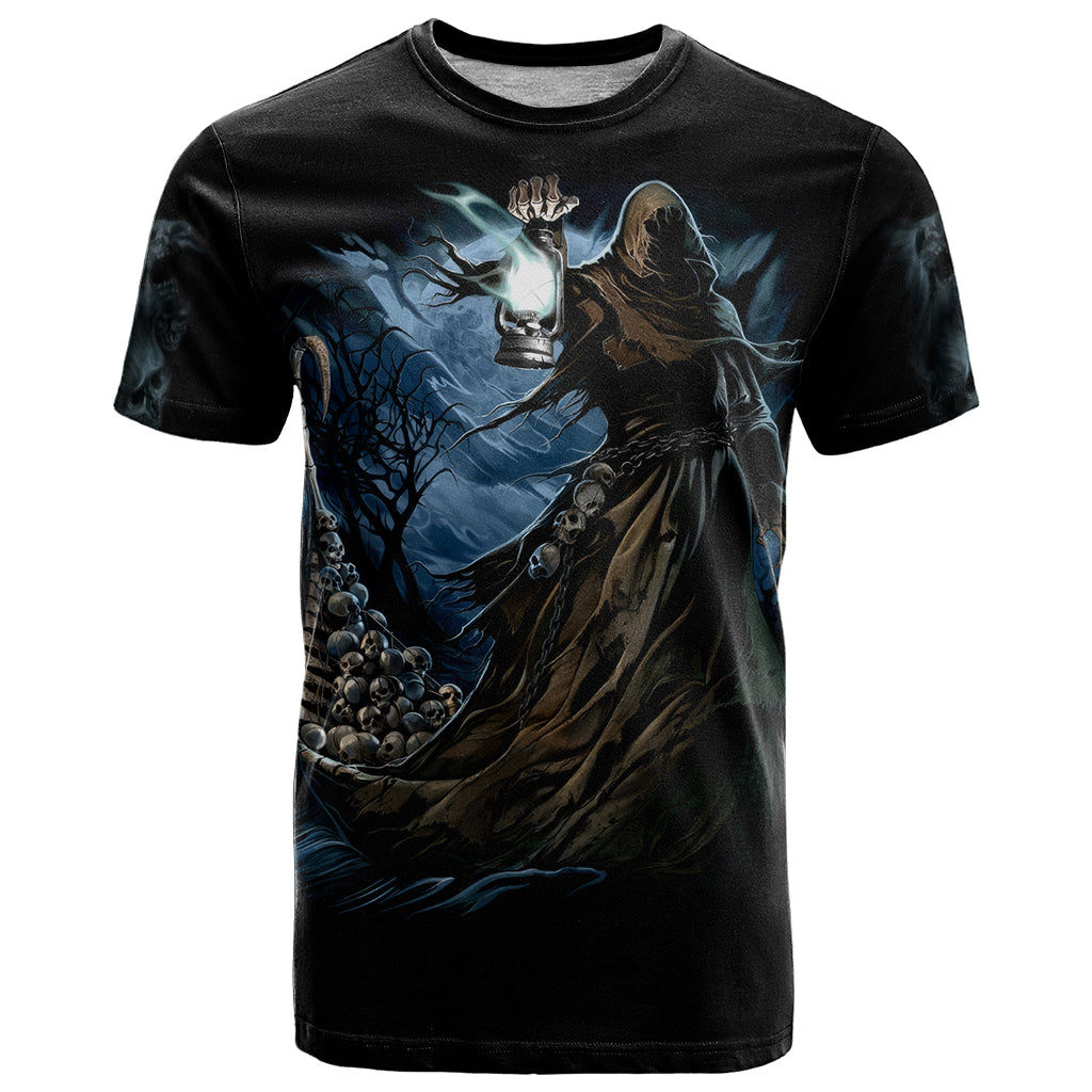 Grim Reaper T Shirt The Ferryman Of The Underworld with Charon Skull Black - Wonder Print Shop