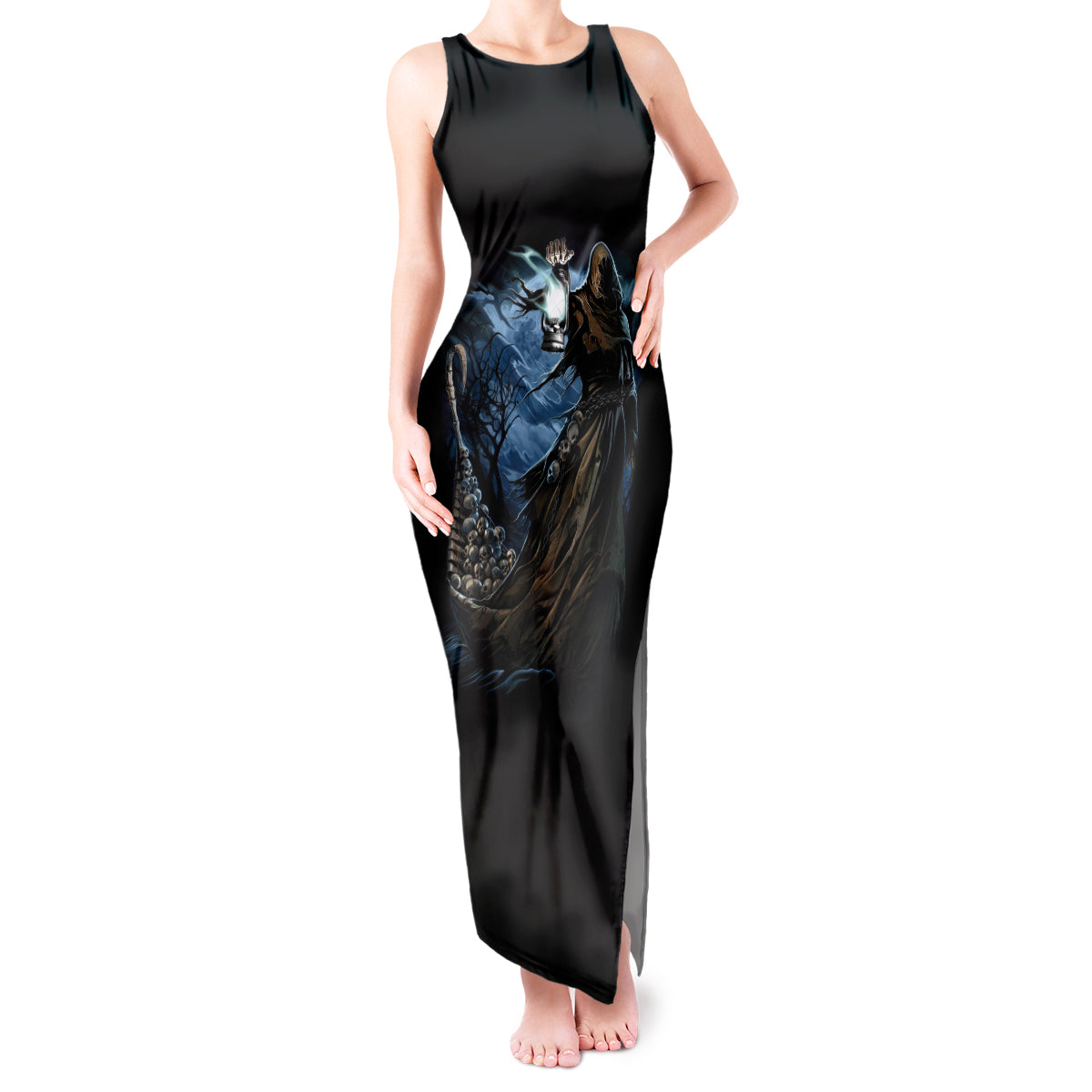 Grim Reaper Tank Maxi Dress The Ferryman Of The Underworld with Charon Skull Black - Wonder Print Shop