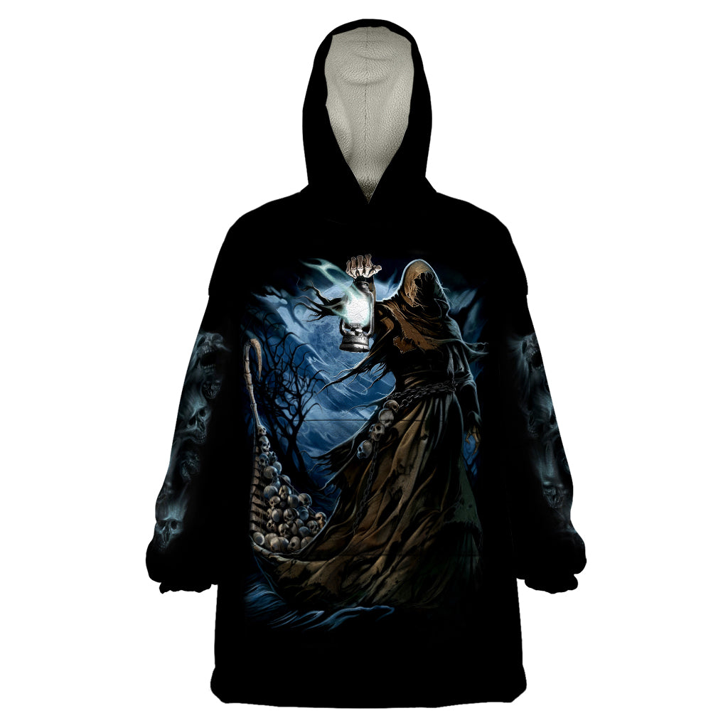 Grim Reaper Wearable Blanket Hoodie The Ferryman Of The Underworld with Charon Skull Black - Wonder Print Shop