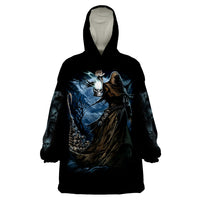 Black wearable blanket hoodie with hood and front Grim Reaper character graphic.