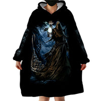 Black wearable blanket hoodie with hood and large front character print, roomy fit.