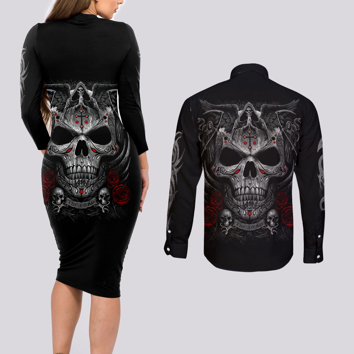Skull Couples Matching Long Sleeve Bodycon Dress and Long Sleeve Button Shirts Cross Snake Bloody Skull - Wonder Print Shop