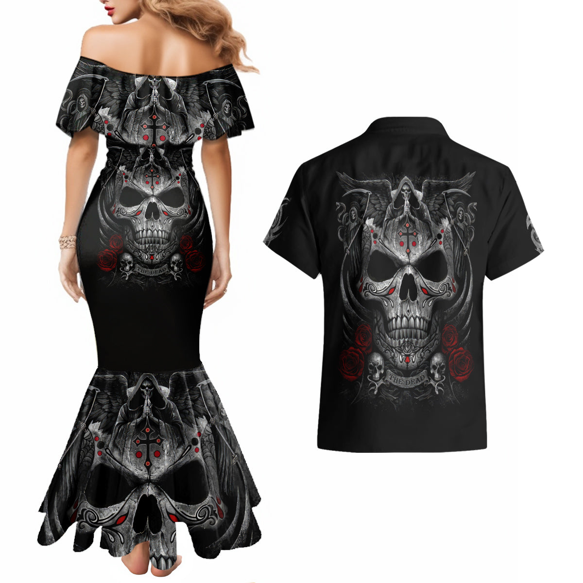 Skull Couples Matching Mermaid Dress And Hawaiian Shirt Cross Snake Bloody Skull - Wonder Print Shop
