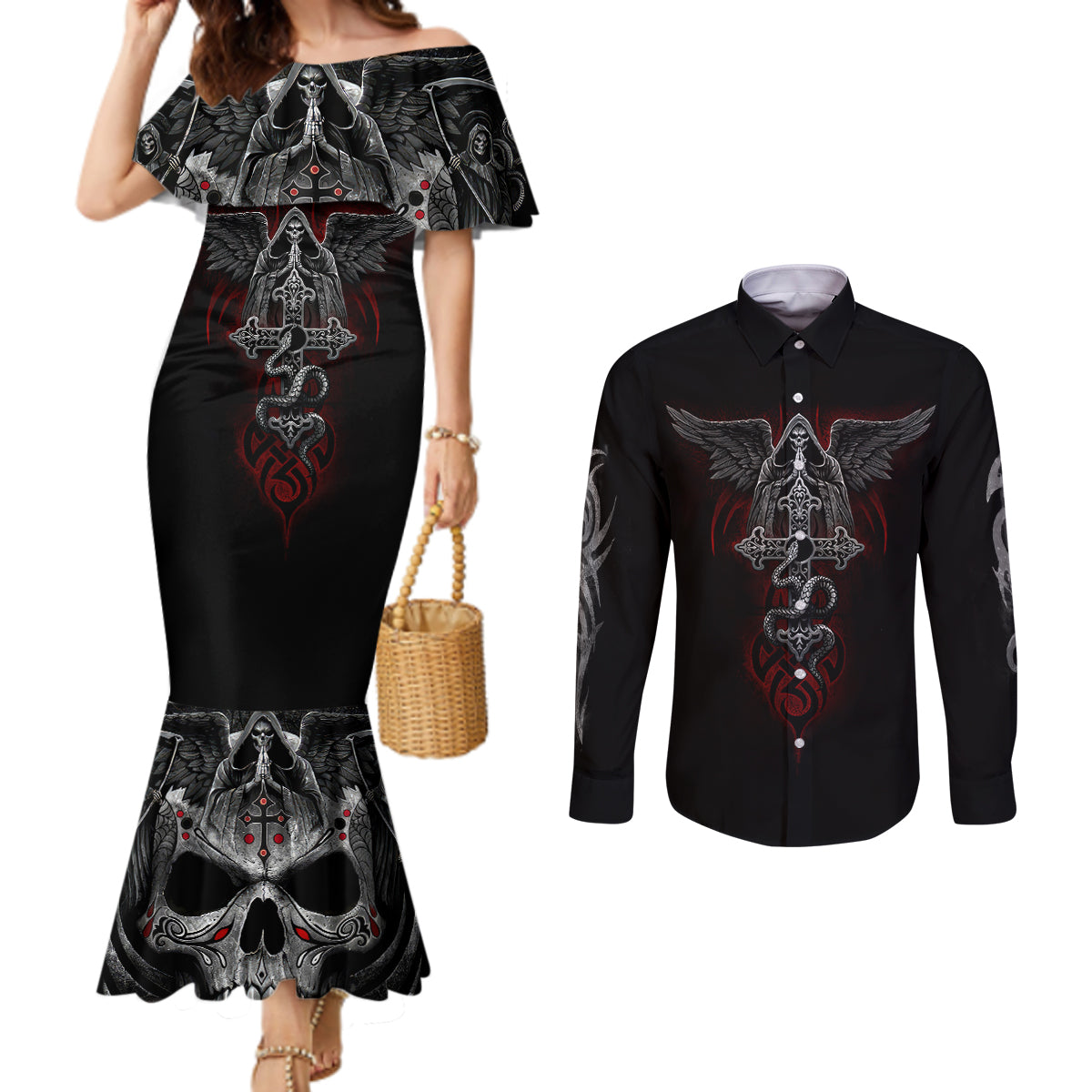 Skull Couples Matching Mermaid Dress and Long Sleeve Button Shirts Cross Snake Bloody Skull DT01