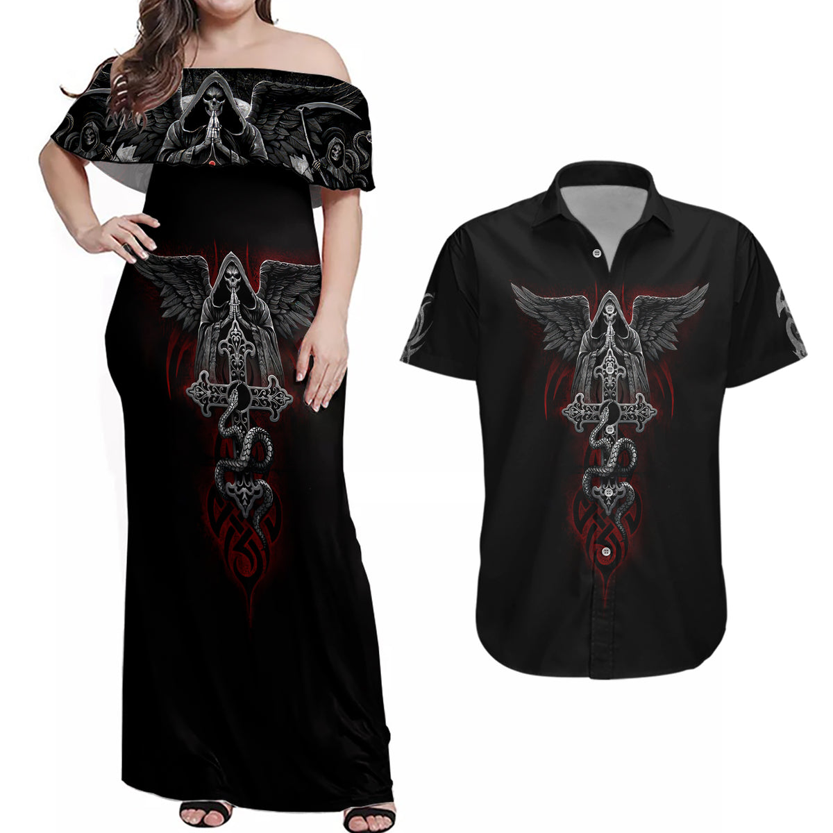 Skull Couples Matching Off Shoulder Maxi Dress and Hawaiian Shirt Cross Snake Bloody Skull - Wonder Print Shop