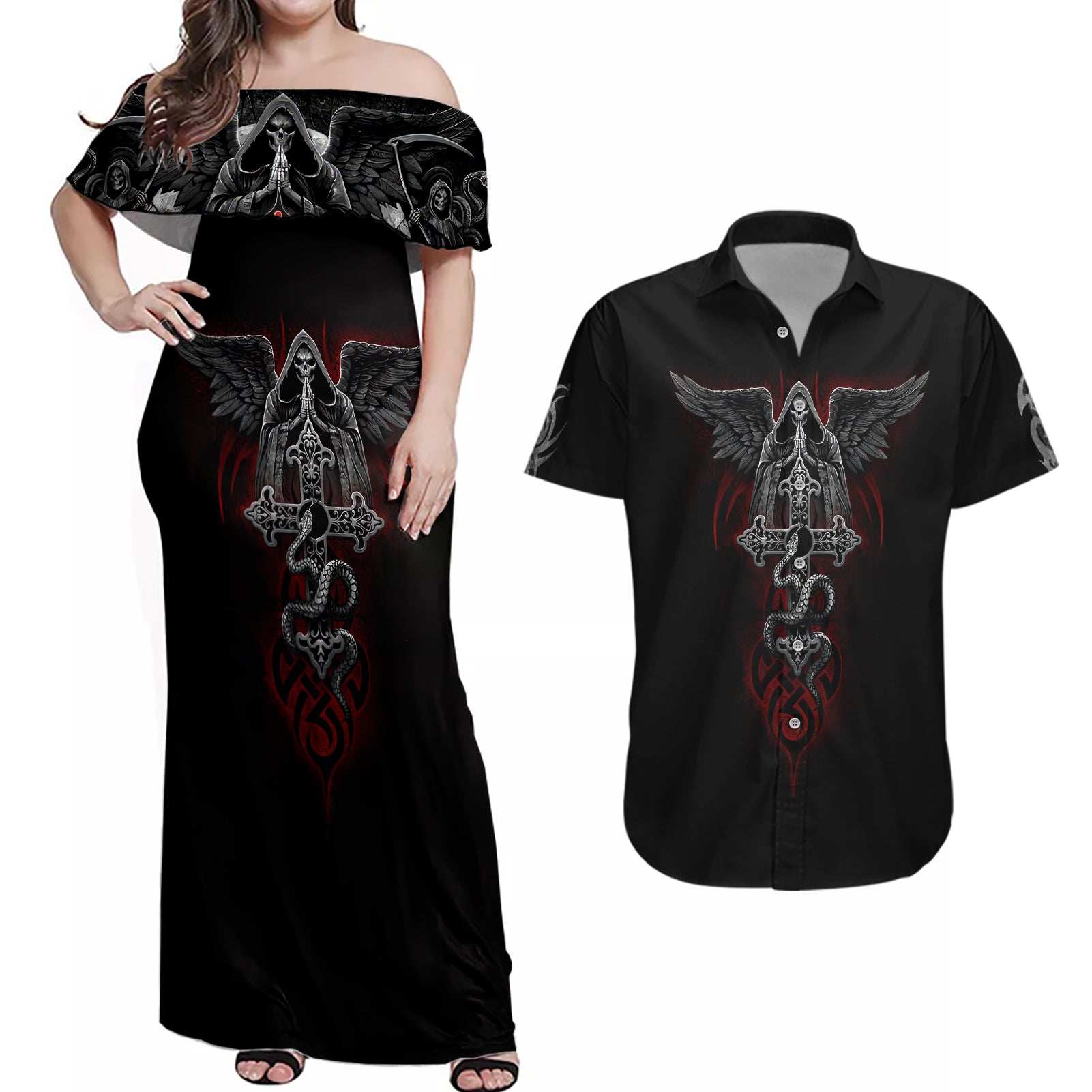 Skull Couples Matching Off Shoulder Maxi Dress and Hawaiian Shirt Cross Snake Bloody Skull - Wonder Print Shop