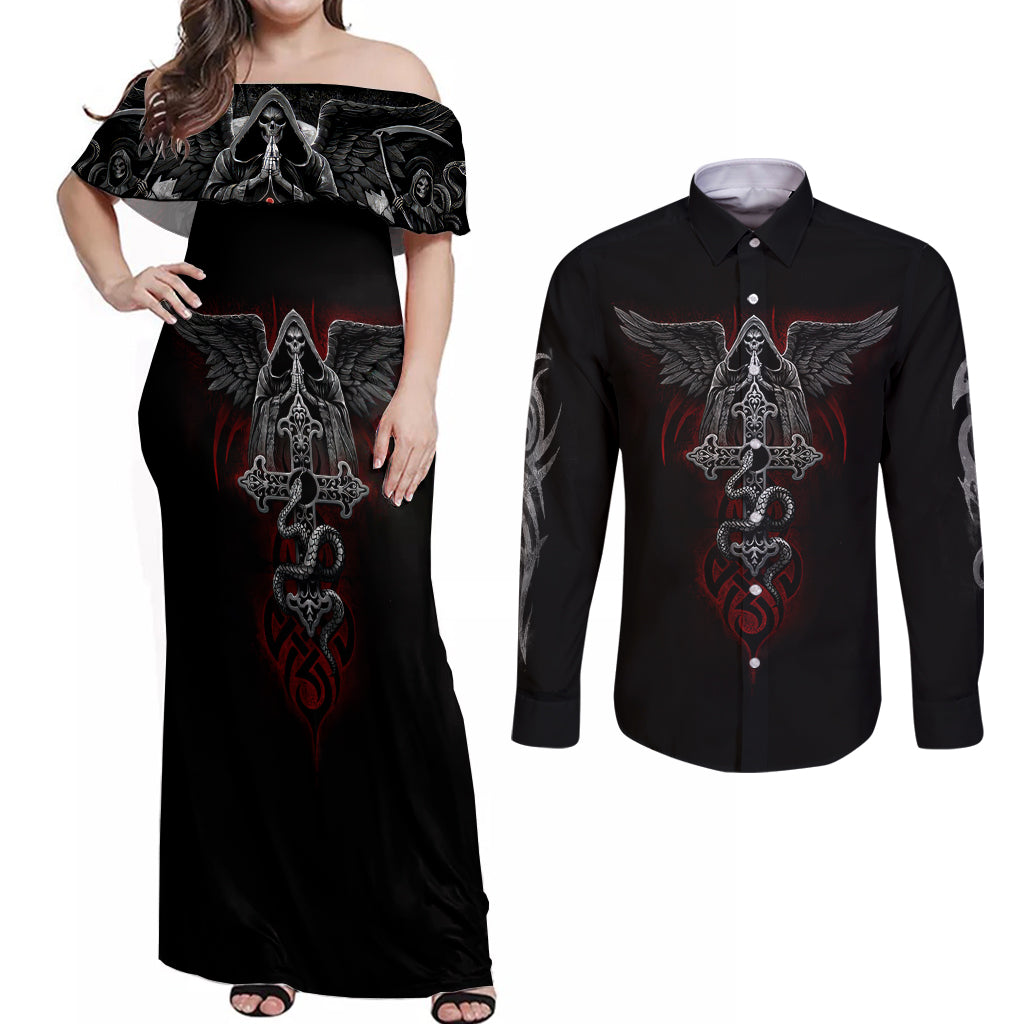Skull Couples Matching Off Shoulder Maxi Dress and Long Sleeve Button Shirts Cross Snake Bloody Skull - Wonder Print Shop
