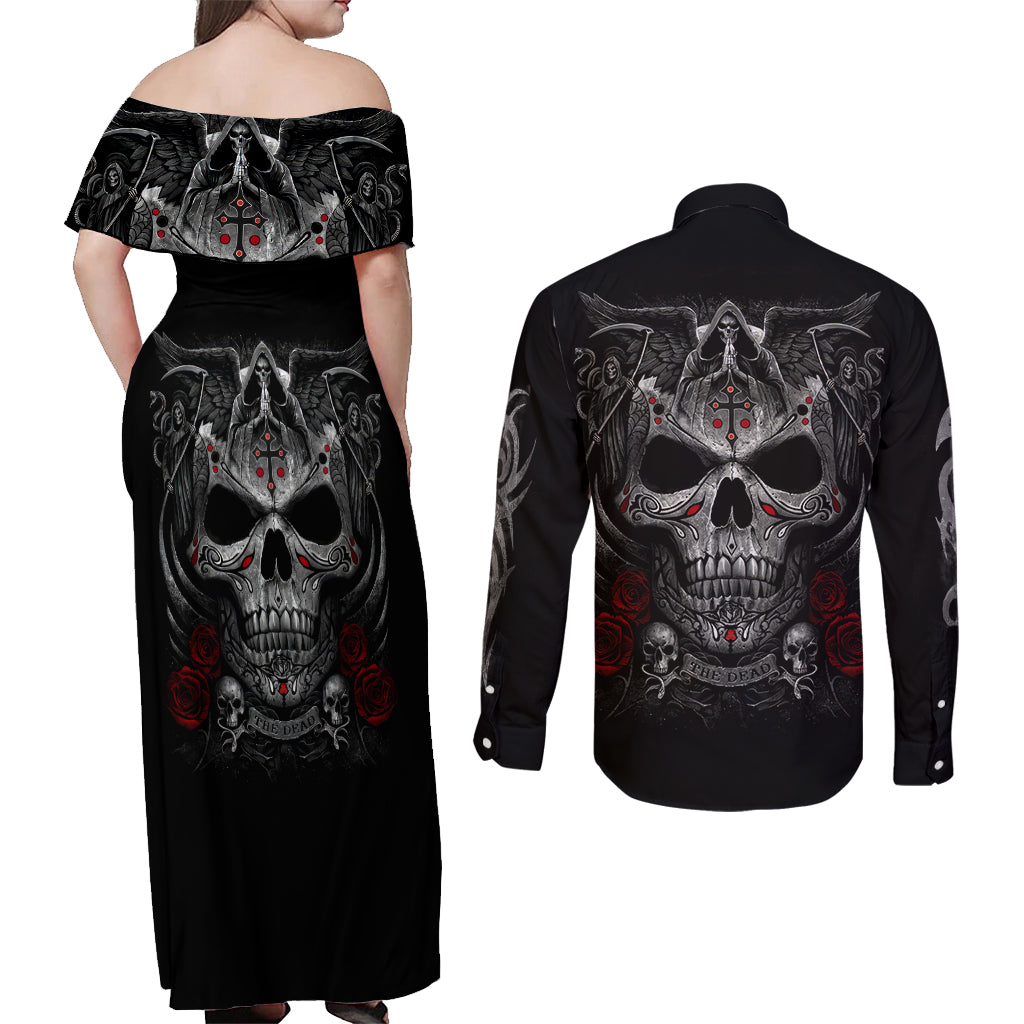 Skull Couples Matching Off Shoulder Maxi Dress and Long Sleeve Button Shirts Cross Snake Bloody Skull - Wonder Print Shop