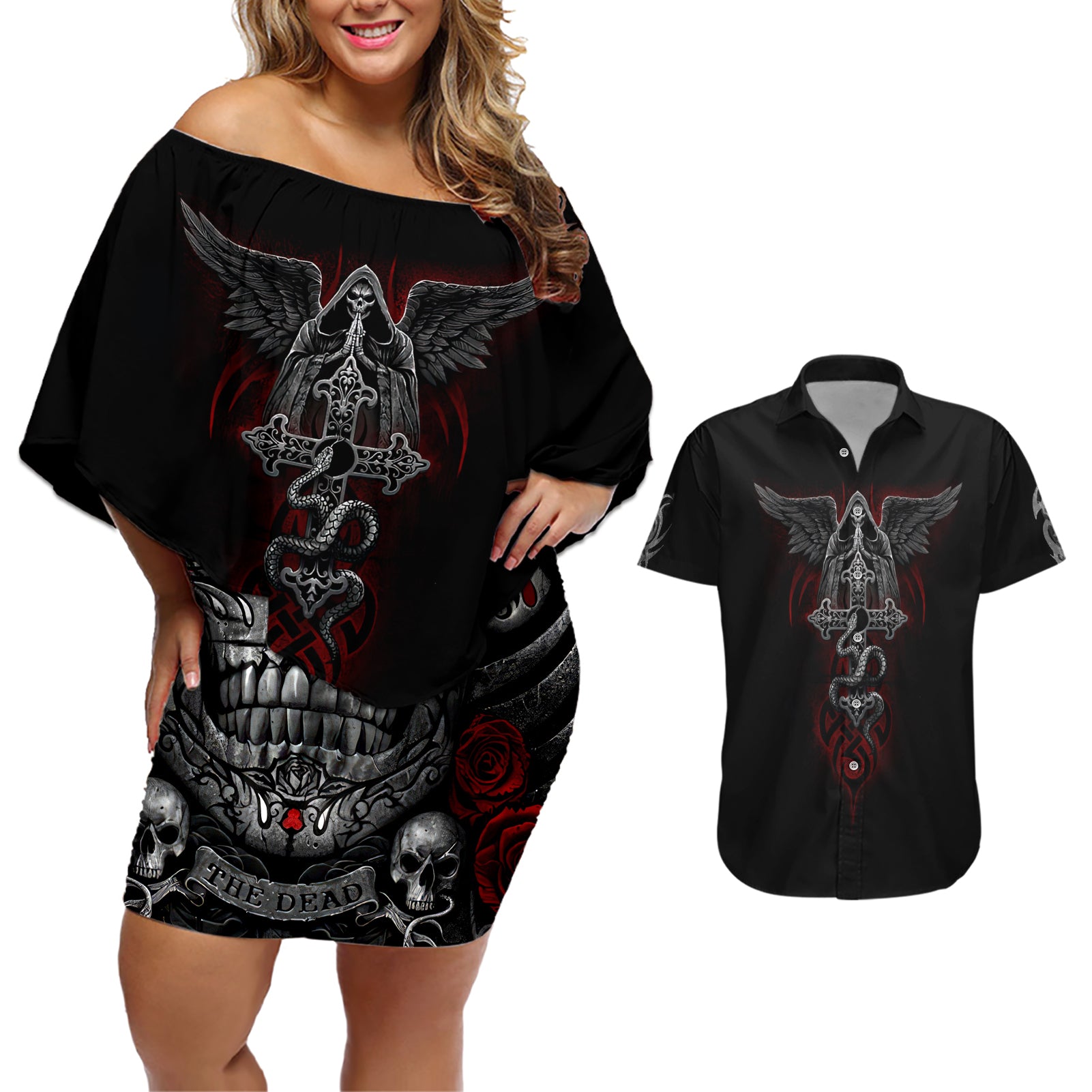 Skull Couples Matching Off Shoulder Short Dress and Hawaiian Shirt Cross Snake Bloody Skull - Wonder Print Shop
