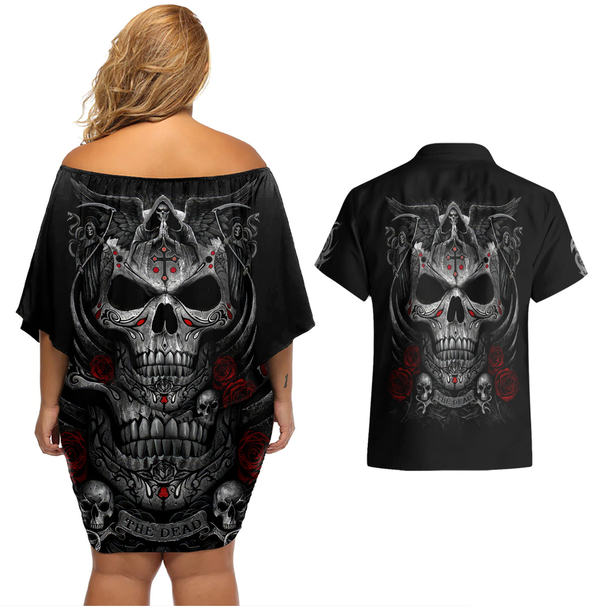 Skull Couples Matching Off Shoulder Short Dress and Hawaiian Shirt Cross Snake Bloody Skull - Wonder Print Shop