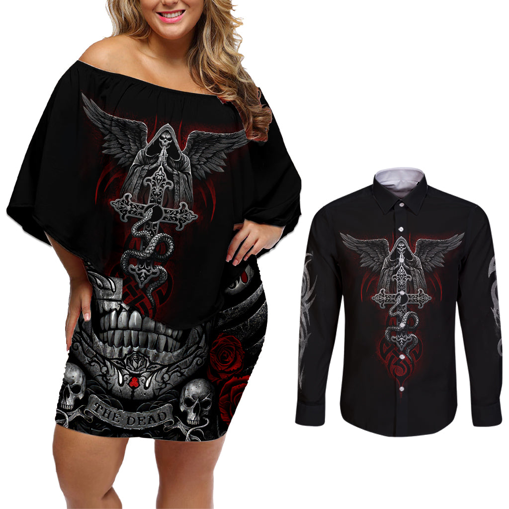 Skull Couples Matching Off Shoulder Short Dress and Long Sleeve Button Shirts Cross Snake Bloody Skull - Wonder Print Shop
