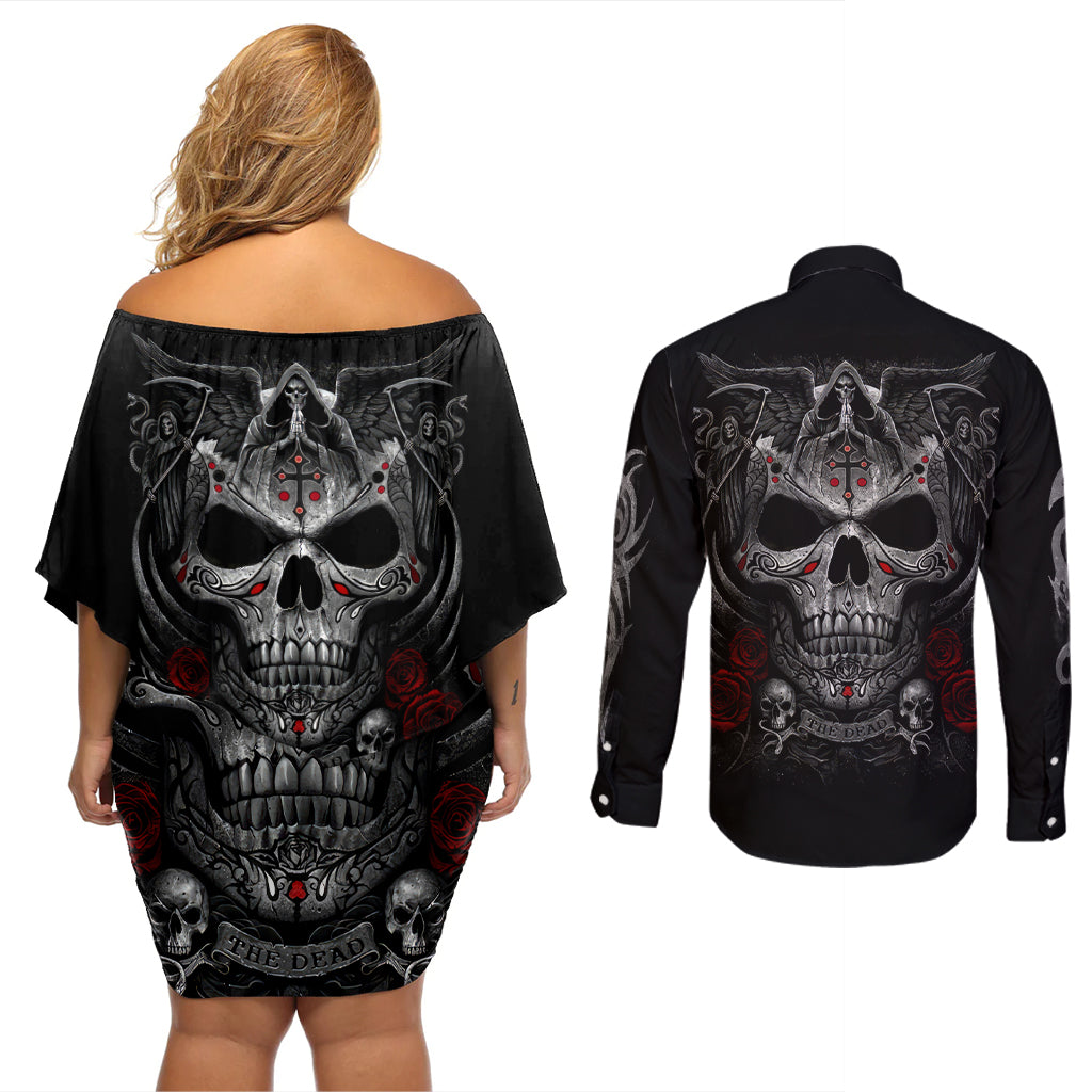 Skull Couples Matching Off Shoulder Short Dress and Long Sleeve Button Shirts Cross Snake Bloody Skull - Wonder Print Shop