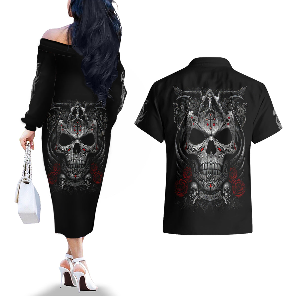 Skull Couples Matching Off The Shoulder Long Sleeve Dress and Hawaiian Shirt Cross Snake Bloody Skull - Wonder Print Shop