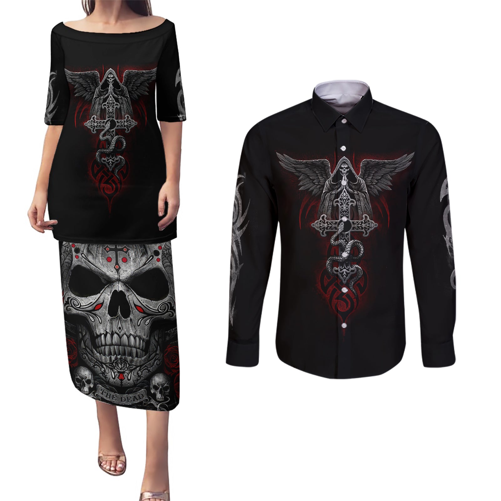 Skull Couples Matching Puletasi Dress and Long Sleeve Button Shirts Cross Snake Bloody Skull - Wonder Print Shop