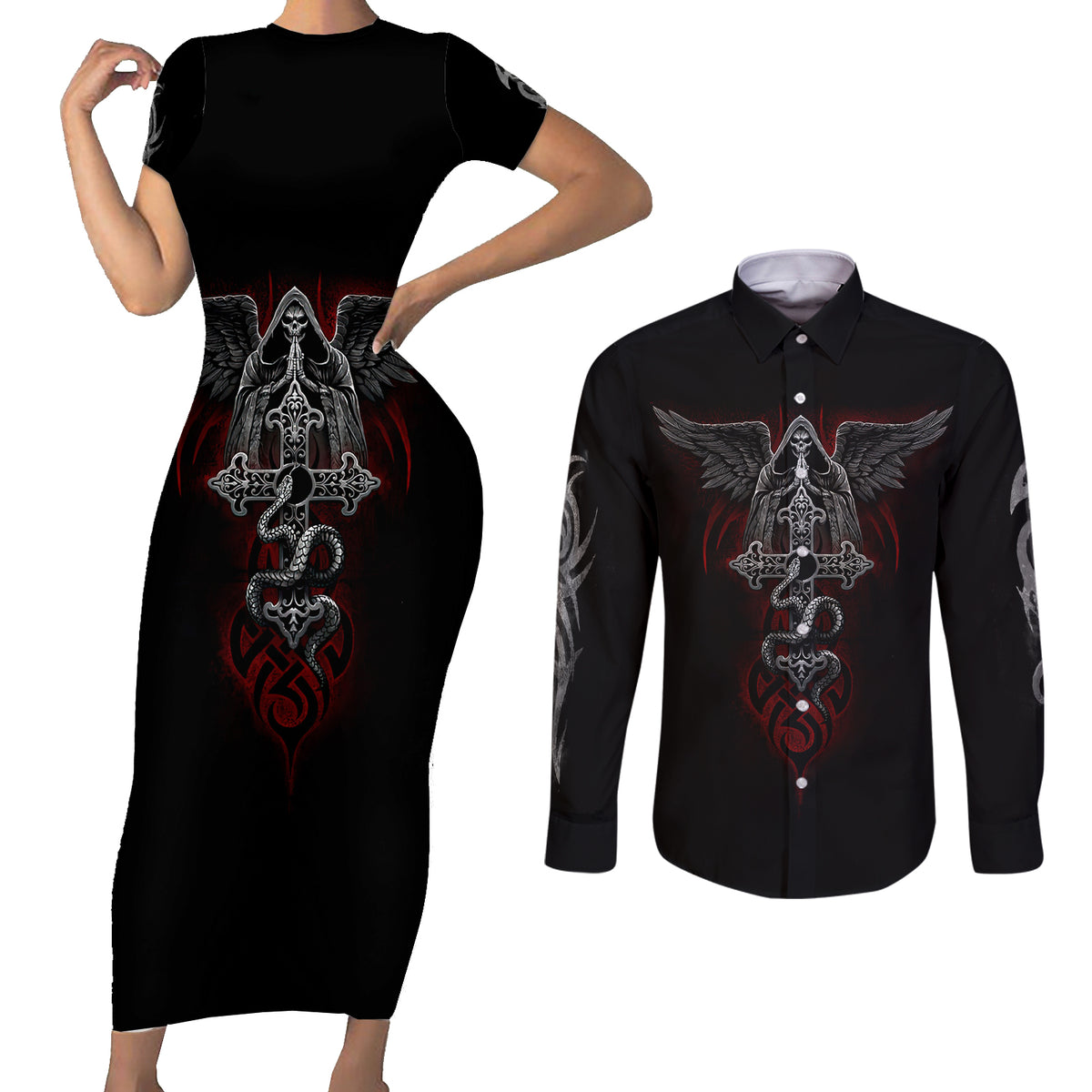 Skull Couples Matching Short Sleeve Bodycon Dress and Long Sleeve Button Shirts Cross Snake Bloody Skull - Wonder Print Shop