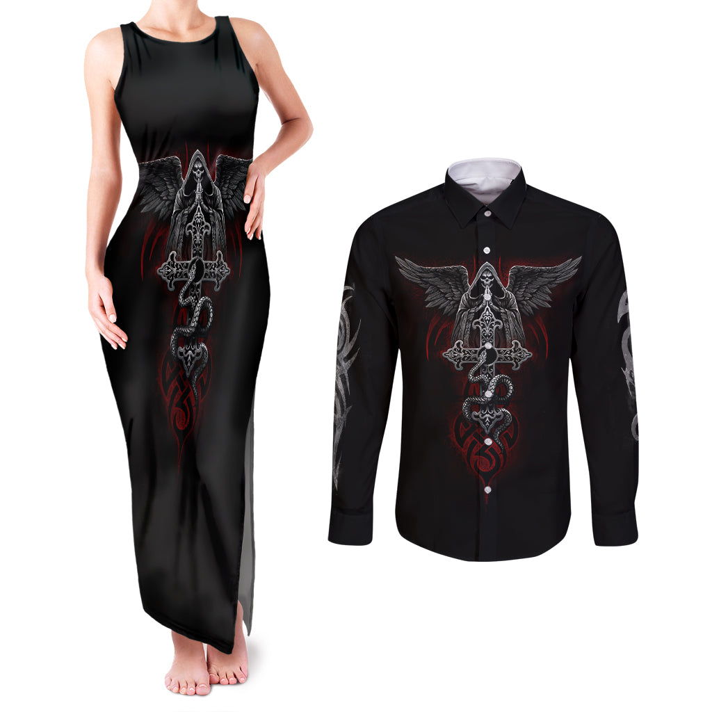 Skull Couples Matching Tank Maxi Dress and Long Sleeve Button Shirts Cross Snake Bloody Skull - Wonder Print Shop