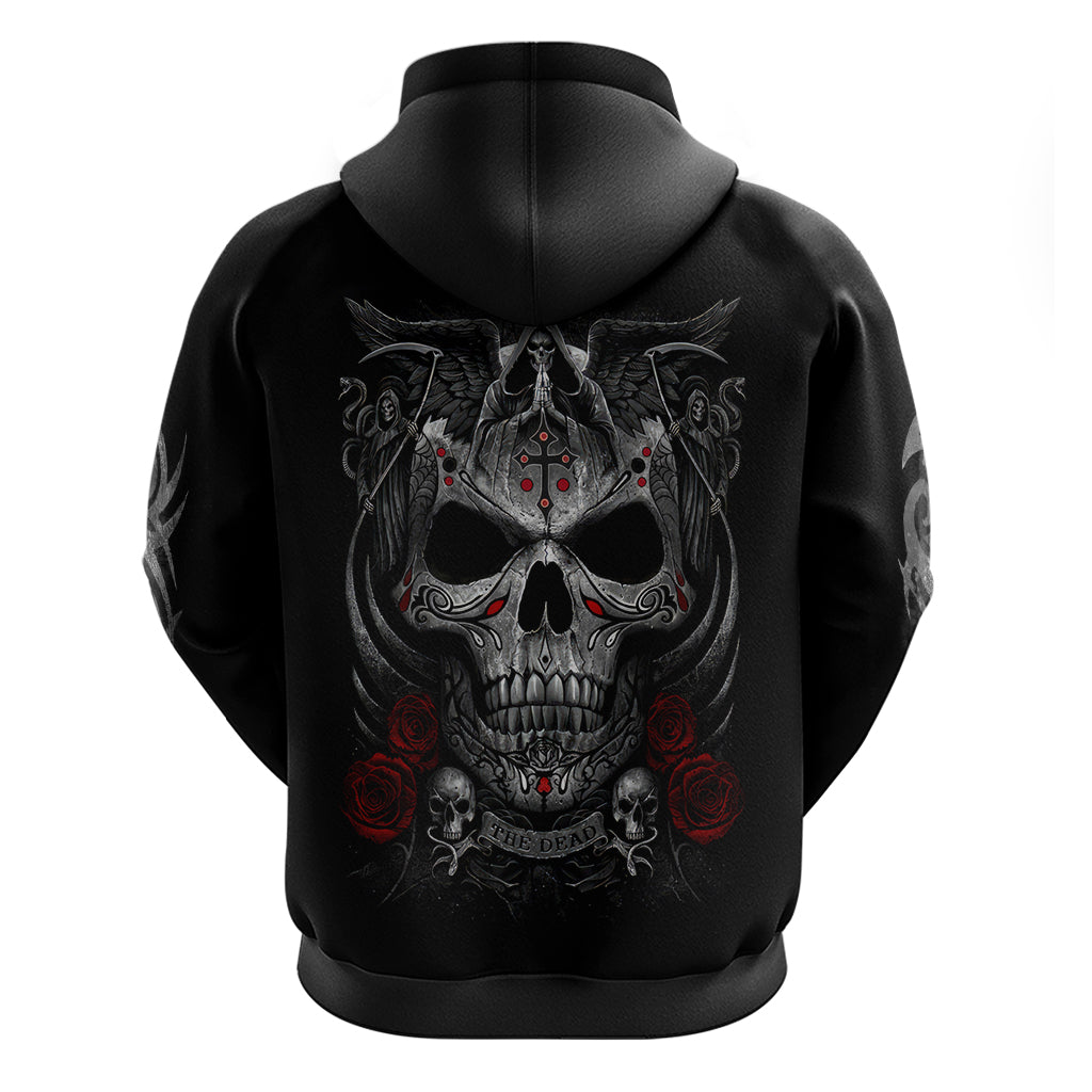 Black pullover hoodie with back skull face, red roses, and snake cross motif