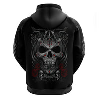 Black pullover hoodie with back skull face, red roses, and snake cross motif