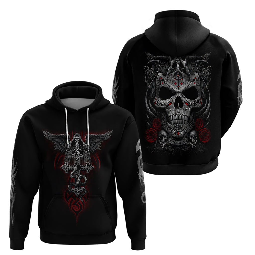 Black pullover hoodie set showing front and back skull-and-snake artwork