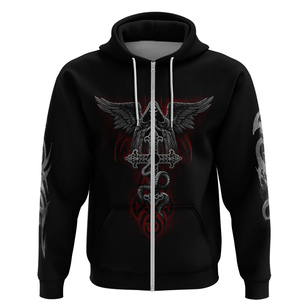 Black pullover hoodie with front skull-and-snake graphic and red accents