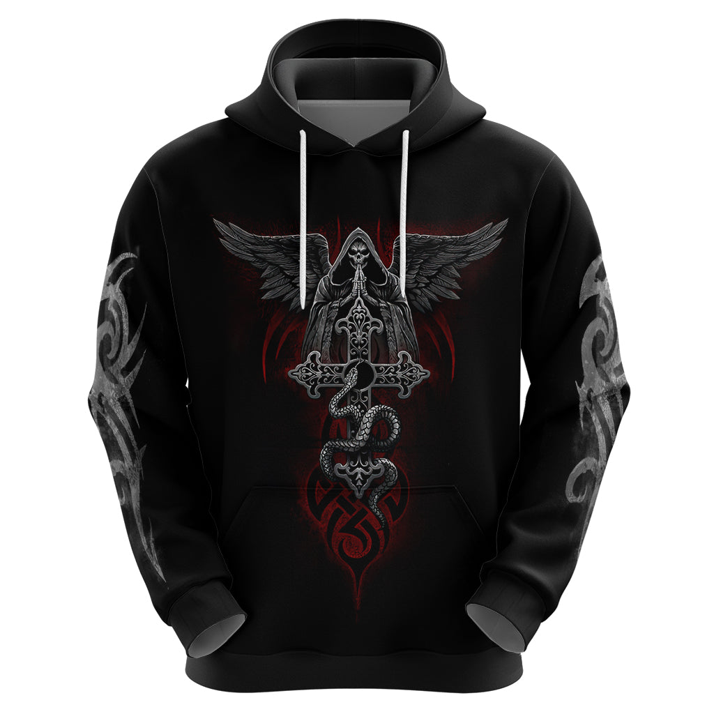Black pullover hoodie close-up front with winged skull emblem and red accents
