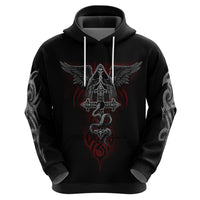 Black pullover hoodie close-up front with winged skull emblem and red accents
