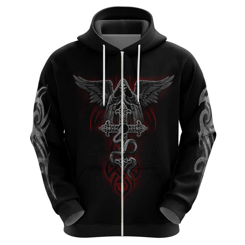 Black pullover hoodie front view with vertical sword-like center graphic