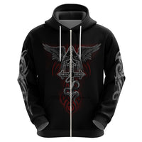 Black pullover hoodie front view with vertical sword-like center graphic