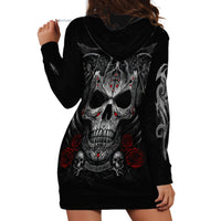 Black hoodie dress with large back skull graphic and roses, hood and long sleeves