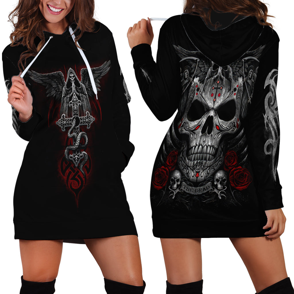 Black hoodie dress shown front and back with skull-and-snake artwork and hood drawstrings