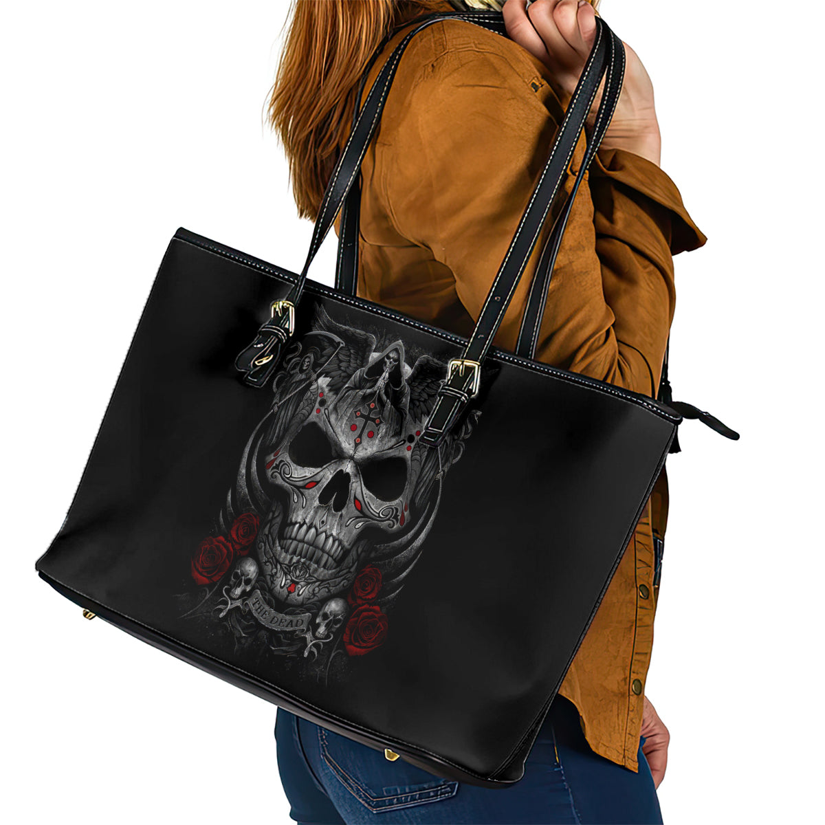 Skull Leather Tote Bag Cross Snake Bloody Skull - Wonder Print Shop