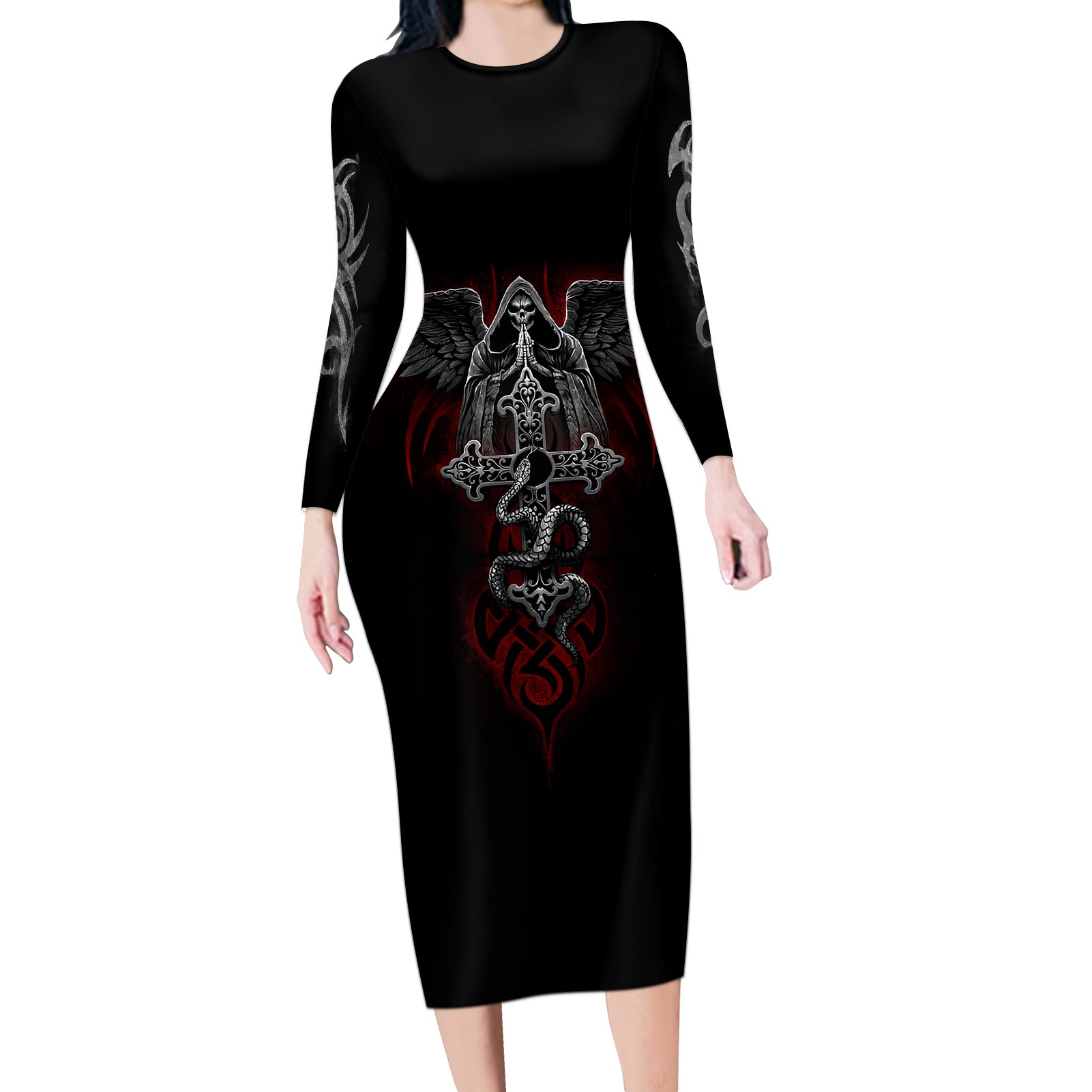 Skull Long Sleeve Bodycon Dress Cross Snake Bloody Skull - Wonder Print Shop