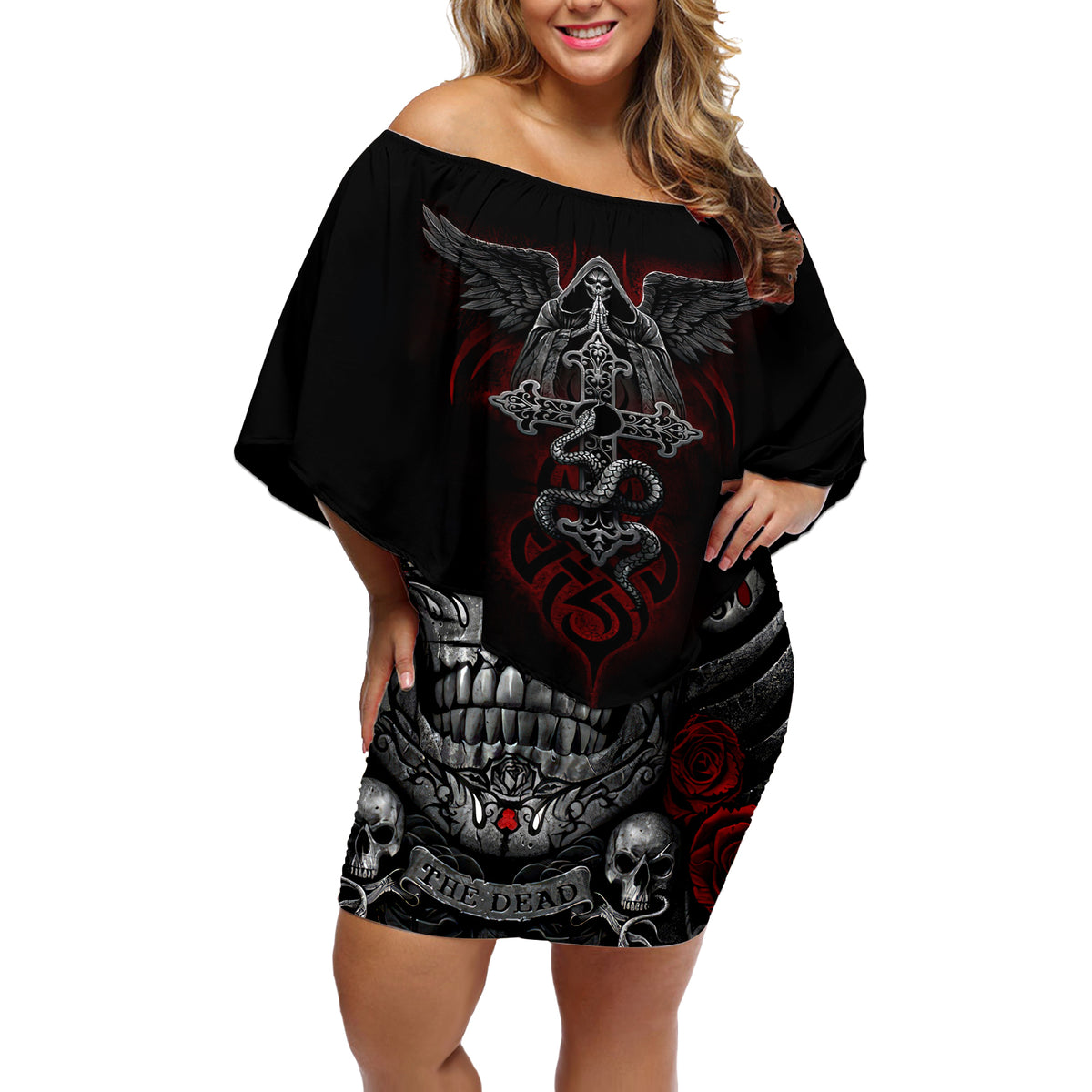 Skull Off Shoulder Short Dress Cross Snake Bloody Skull - Wonder Print Shop
