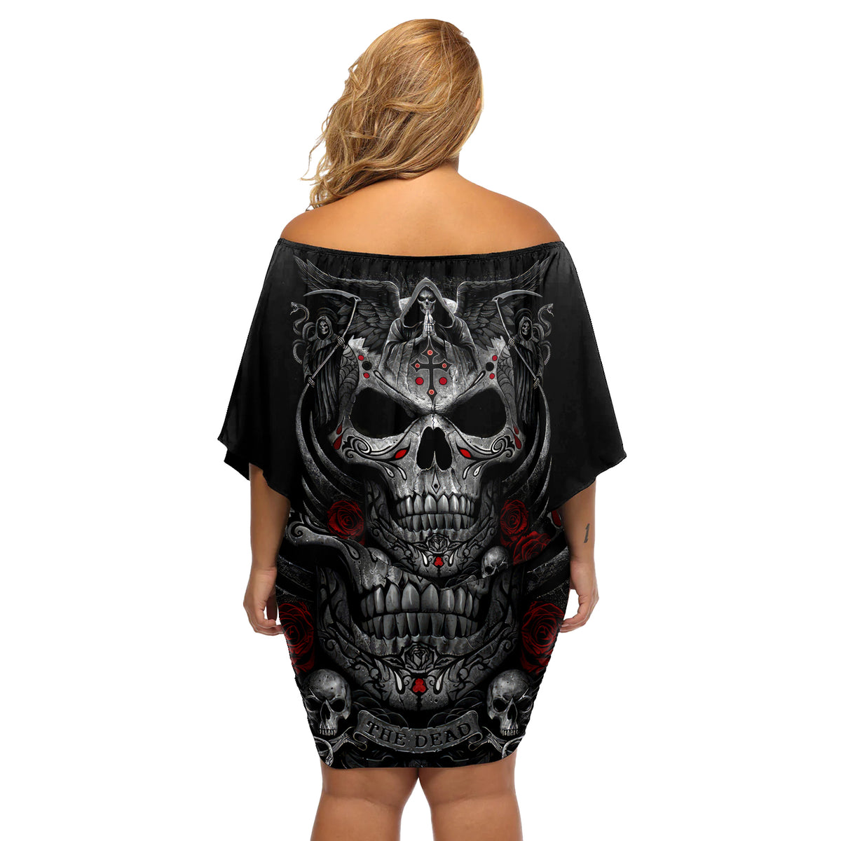 Skull Off Shoulder Short Dress Cross Snake Bloody Skull - Wonder Print Shop