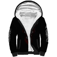 Unisex black sherpa hoodie with front skull graphic and white-lined hood