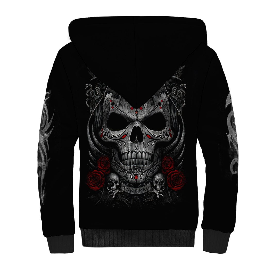 Unisex black sherpa hoodie, back skull design with red accents and winged details