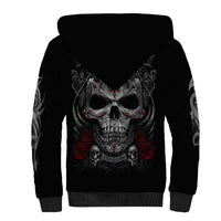 Unisex black sherpa hoodie, back skull design with red accents and winged details