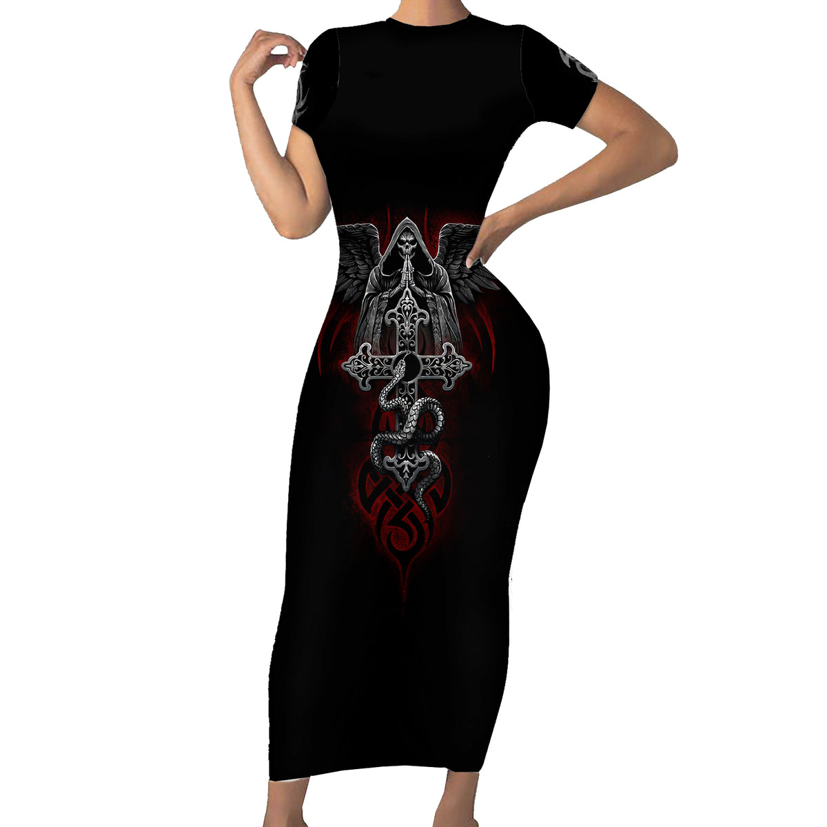 Skull Short Sleeve Bodycon Dress Cross Snake Bloody Skull - Wonder Print Shop