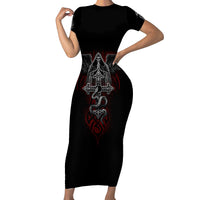 Black short-sleeve bodycon long dress with large skull cross graphic on front